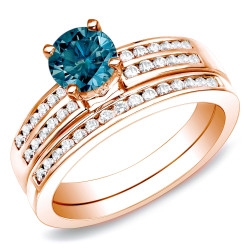 Rose Gold 1ct TDW Blue Diamond Bridal Ring Set - Handcrafted By Name My Rings™