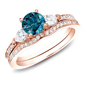 Rose Gold 1ct TDW Blue Diamond Bridal Ring Set - Handcrafted By Name My Rings™