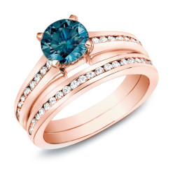 Rose Gold 1ct TDW Blue Diamond Bridal Ring Set - Handcrafted By Name My Rings™