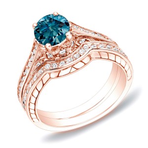 Rose Gold 1ct TDW Blue Diamond Bridal Ring Set - Handcrafted By Name My Rings™