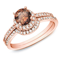 Rose Gold 1ct TDW Brown Round Diamond Bridal Ring Set - Handcrafted By Name My Rings™