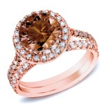 Rose Gold 1ct TDW Brown Round Diamond Halo Bridal Ring Set - Handcrafted By Name My Rings™