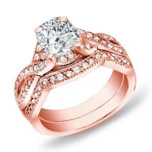 Rose Gold 1ct TDW Certified Cushion Diamond Bridal Ring Set - Handcrafted By Name My Rings™