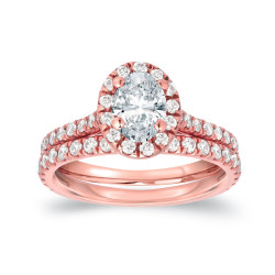 Rose Gold 1ct TDW Certified Oval Diamond Halo Bridal Ring Set - Handcrafted By Name My Rings™
