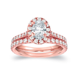 Rose Gold 1ct TDW Certified Oval Diamond Halo Bridal Ring Set - Handcrafted By Name My Rings™
