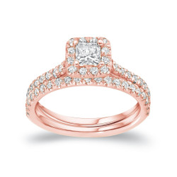 Rose Gold 1ct TDW Certified Princess Diamond Halo Bridal Ring Set - Handcrafted By Name My Rings™