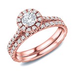 Rose Gold 1ct TDW Certified Round Diamond Halo Bridal Ring Set - Handcrafted By Name My Rings™