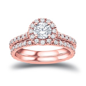 Rose Gold 1ct TDW Certified Round Diamond Halo Bridal Ring Set - Handcrafted By Name My Rings™