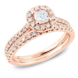 Rose Gold 1ct TDW Cushion Diamond Halo Bridal Ring Set - Handcrafted By Name My Rings™