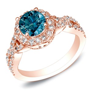 Rose Gold 1ct TDW Round Blue Diamond Halo Braided Engagement Ring - Handcrafted By Name My Rings™