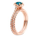 Rose Gold 1ct TDW Round Diamond Halo Bridal Ring Set - Handcrafted By Name My Rings™
