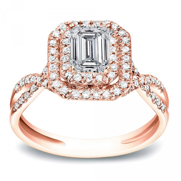 Rose Gold 4/5 ct TDW Emerald Halo Diamond Engagement Split Shank Ring - Handcrafted By Name My Rings™