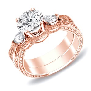 Rose Gold 4/5ct TDW Certified Diamond 3-stone Wheat Carved Bridal Ring Set - Handcrafted By Name My Rings™