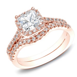 RoseGold 1 1/5ct TDW Princess-Cut Diamond Halo Engagement Wedding Ring Set - Handcrafted By Name My Rings™