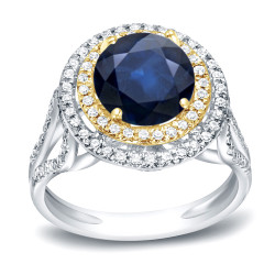 Two-Tone Gold 1 1/4ct Blue Sapphire and 1/2ct TDW Diamond Double Halo Ring - Handcrafted By Name My Rings™