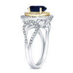 Two-Tone Gold 1 1/4ct Blue Sapphire and 1/2ct TDW Diamond Double Halo Ring - Handcrafted By Name My Rings™