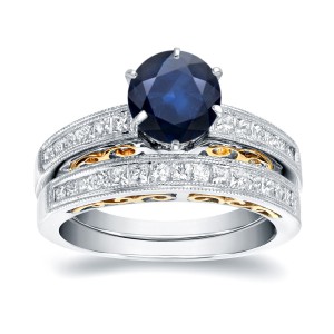 Two-Tone Gold 1ct Blue Sapphire and 3/4ct Diamond Bridal Ring Set - Handcrafted By Name My Rings™