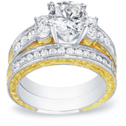 Two-tone Gold 2ct TDW Certified Three Stone Diamond Bridal Ring Set - Handcrafted By Name My Rings™
