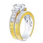 Two-tone Gold 2ct TDW Certified Three Stone Diamond Bridal Ring Set - Handcrafted By Name My Rings™
