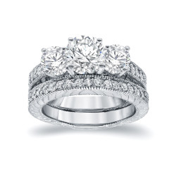 White Gold 1 1/2ct Certified 3-stone Filigree Bridal Ring Set - Handcrafted By Name My Rings™