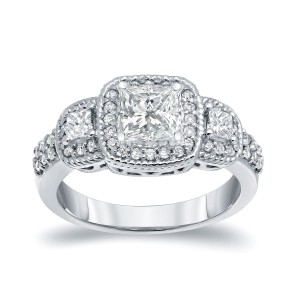 White Gold 1 1/2ct TDW 3-Stone Diamond Halo Engagement Ring - Handcrafted By Name My Rings™