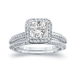 White Gold 1 1/2ct TDW Certified Princess-cut Diamond Halo Bridal Ring Set - Handcrafted By Name My Rings™