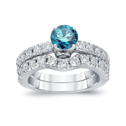 White Gold 1 1/2ct TDW Round Cut Blue Diamond Bridal Ring Set - Handcrafted By Name My Rings™