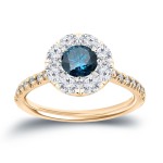 White Gold 1 1/6ct TDW Blue and Whiate Diamond Halo Engagement Ring - Handcrafted By Name My Rings™