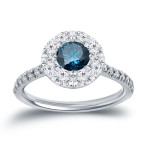 White Gold 1 1/6ct TDW Blue and Whiate Diamond Halo Engagement Ring - Handcrafted By Name My Rings™