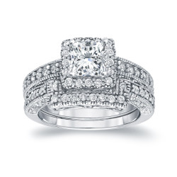 White Gold 1 3/4ct TDW Certified Princess-cut Diamond Square Halo Bridal Ring Set - Handcrafted By Name My Rings™
