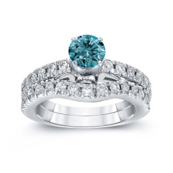 White Gold 1 3/4ct TDW Round Blue Diamond Ring Set - Handcrafted By Name My Rings™