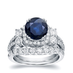 White Gold 1ct Blue Sapphire and 1 1/3ct TDW Round Diamond Bridal Ring Set - Handcrafted By Name My Rings™