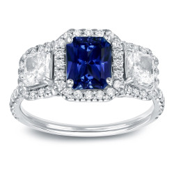 White Gold 1ct Blue Sapphire and 1 1/4ct TDW Halo Diamond Ring - Handcrafted By Name My Rings™