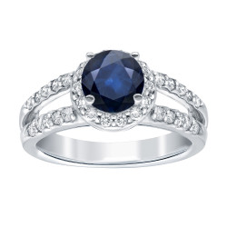 White Gold 1ct Blue Sapphire and 1/2ct TDW Diamond Halo Ring - Handcrafted By Name My Rings™