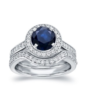 White Gold 1ct Blue Sapphire and 1/2ct TDW Round Diamond Bridal Ring Set - Handcrafted By Name My Rings™