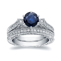 White Gold 1ct Blue Sapphire and 1ct TDW Round Diamond Bridal Ring Set - Handcrafted By Name My Rings™
