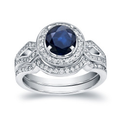 White Gold 1ct Blue Sapphire and 2/5ct TDW Round Diamond Bridal Ring Set - Handcrafted By Name My Rings™