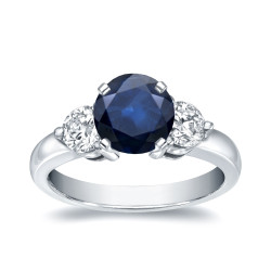 White Gold 1ct Blue Sapphire and 3/4ct TDW Diamond Three Stone Ring - Handcrafted By Name My Rings™
