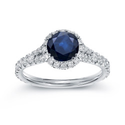 White Gold 1ct Blue Sapphire and 3/5ct TDW Round Diamond Halo Ring - Handcrafted By Name My Rings™