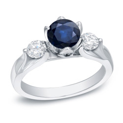 White Gold 1ct Blue Sapphire and 4/5ct TDW Round-cut Diamond 3-stone Engagement Ring - Handcrafted By Name My Rings™
