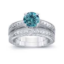 White Gold 1ct TDW Blue Diamond Bridal Ring Set - Handcrafted By Name My Rings™