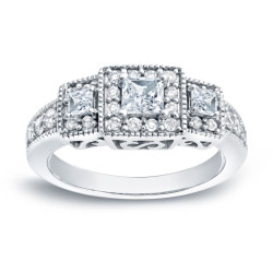 White Gold 1ct TDW Diamond 3-stone Square Halo Engagement Ring - Handcrafted By Name My Rings™
