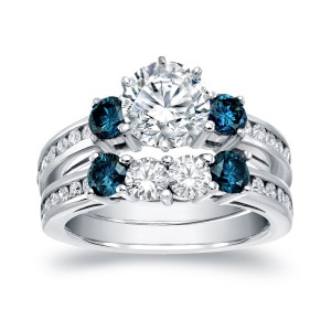White Gold 2 3/4ct TDW Certified Round Cut White and Blue Diamond Bridal Ring Set - Handcrafted By Name My Rings™