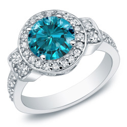 White Gold 2 3/4ct TDW Round Blue Diamond Halo Engagement Ring - Handcrafted By Name My Rings™