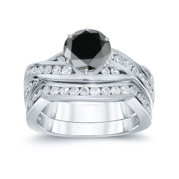 White Gold 2ct TDW Round Cut Black Diamond Bridal Ring Set - Handcrafted By Name My Rings™