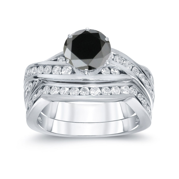 White Gold 2ct TDW Round Cut Black Diamond Bridal Ring Set - Handcrafted By Name My Rings™