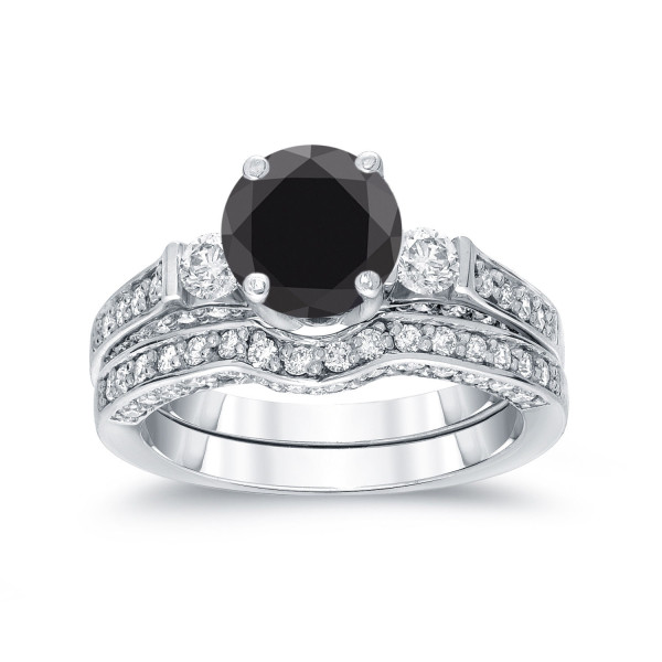 White Gold 2ct TDW Round-Cut Black Diamond Bridal Ring Set - Handcrafted By Name My Rings™
