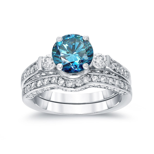 White Gold 2ct TDW Round-Cut Blue Diamond Bridal Ring Set - Handcrafted By Name My Rings™