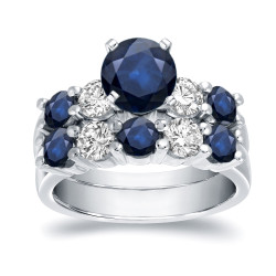 White Gold 3 1/10ct Blue Sapphire and 7/8ct TDW Round Diamond Bridal Ring Set - Handcrafted By Name My Rings™