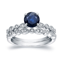White Gold 3/5ct Blue Sapphire and 1/6ct Vintage Style Bridal Ring Set - Handcrafted By Name My Rings™